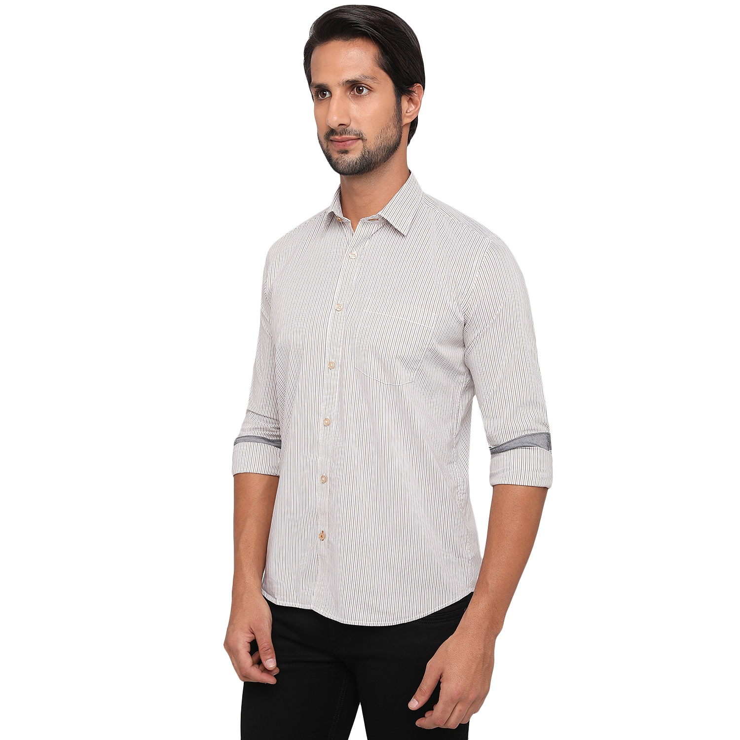 Greenfibre | White & Brown Striped Slim Fit Semi Casual Shirt | Greenfibre 2