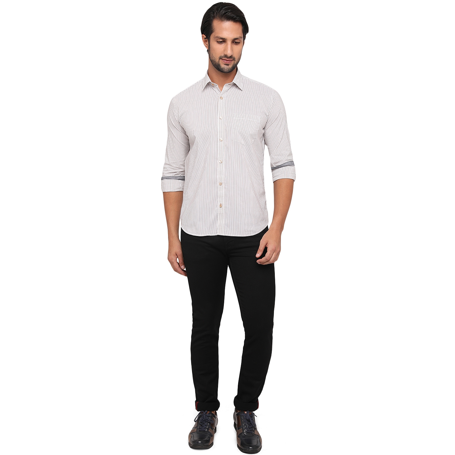 Greenfibre | White & Brown Striped Slim Fit Semi Casual Shirt | Greenfibre 3