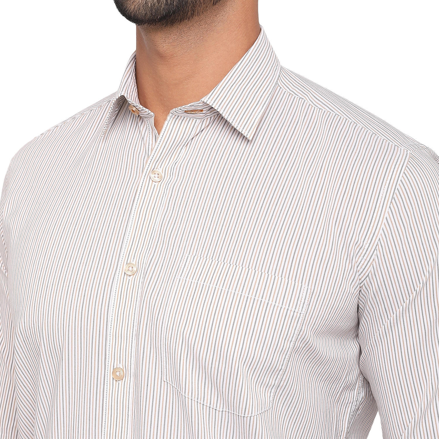 Greenfibre | White & Brown Striped Slim Fit Semi Casual Shirt | Greenfibre 4