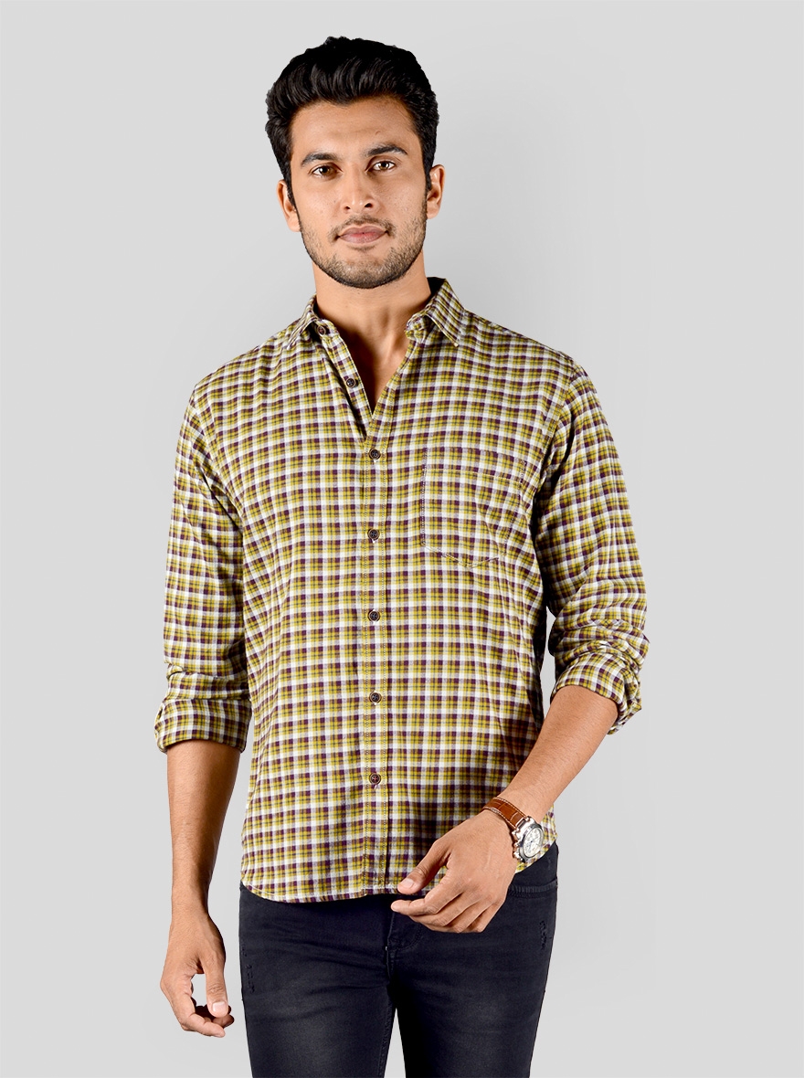 Greenfibre | Yellow & Wine Checked Slim Fit Casual Shirt | Greenfibre 0