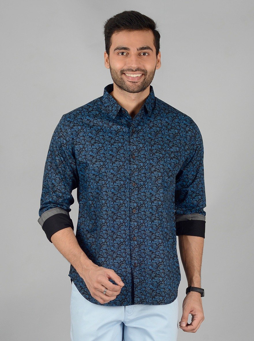 Greenfibre | Teal Blue Printed Slim Fit Casual Shirt | Greenfibre 0