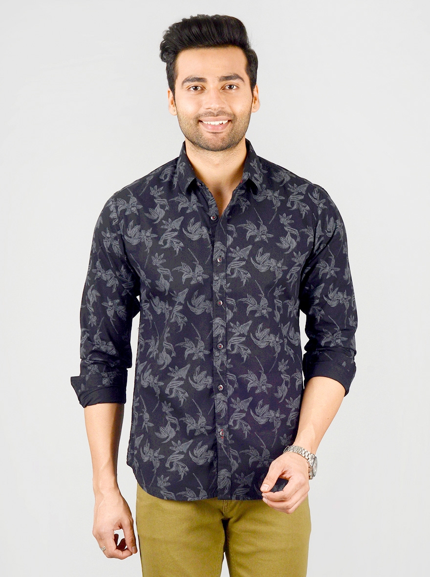 Black Printed Slim Fit Casual Shirt | Greenfibre