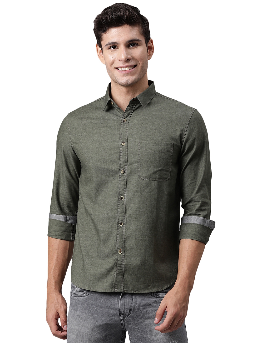 Greenfibre | Dark Olive Solid Slim Fit Semi Casual Shirt | Greenfibre 0