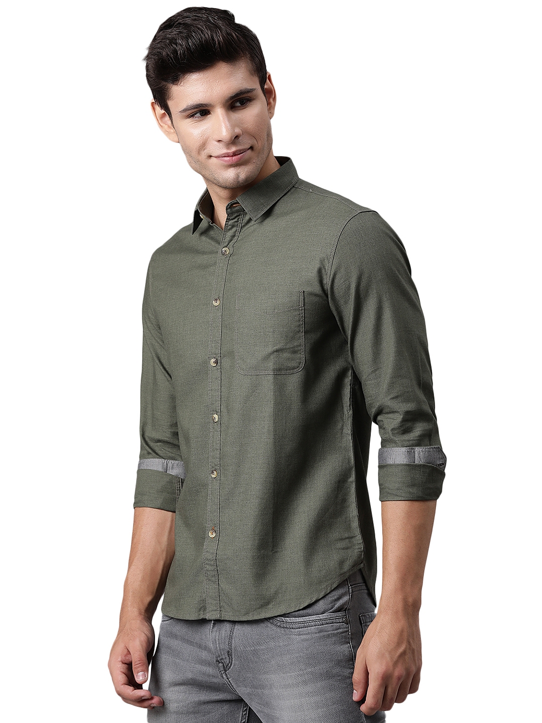 Greenfibre | Dark Olive Solid Slim Fit Semi Casual Shirt | Greenfibre 1