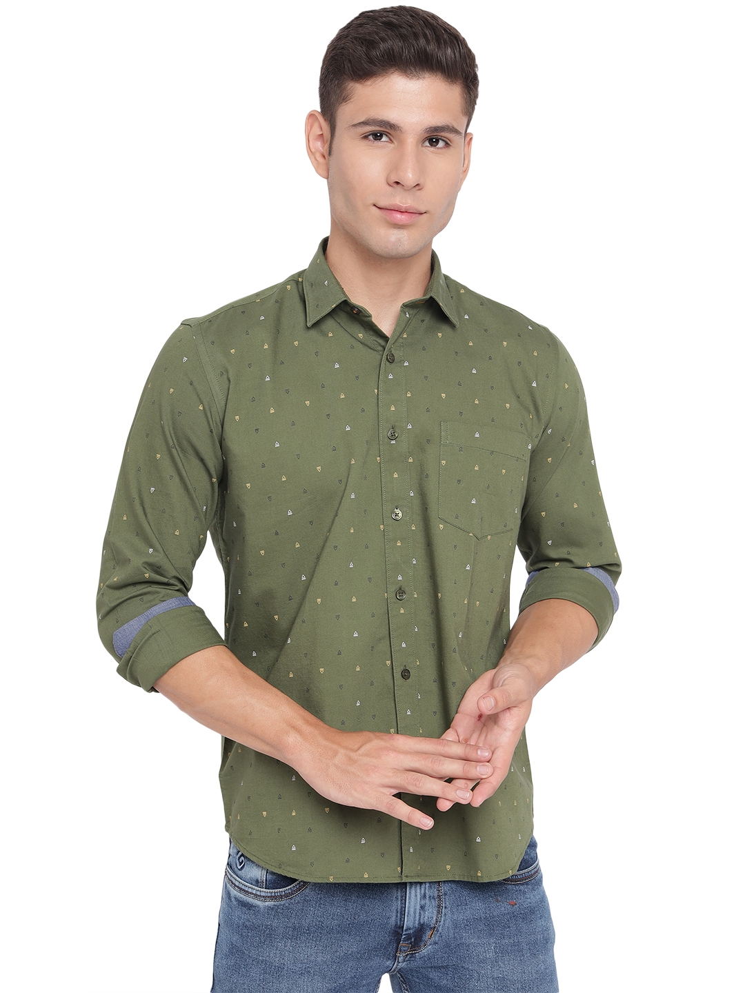 Greenfibre | Chive Green Printed Slim Fit Casual Shirt | Greenfibre 0