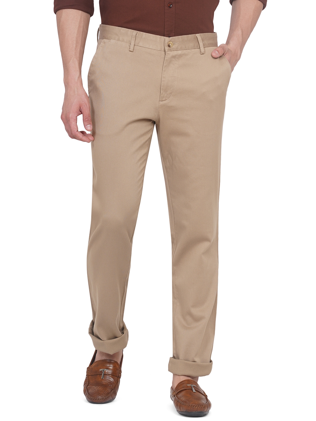 Greenfibre | Light Khaki Solid Slim Fit Casual Trouser | Greenfibre 0