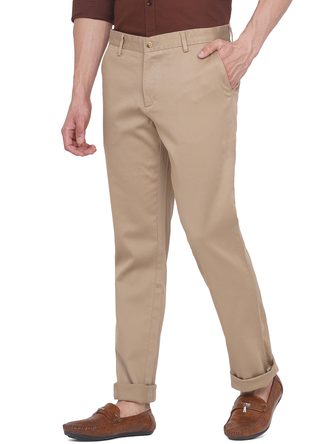 Greenfibre | Light Khaki Solid Slim Fit Casual Trouser | Greenfibre 1