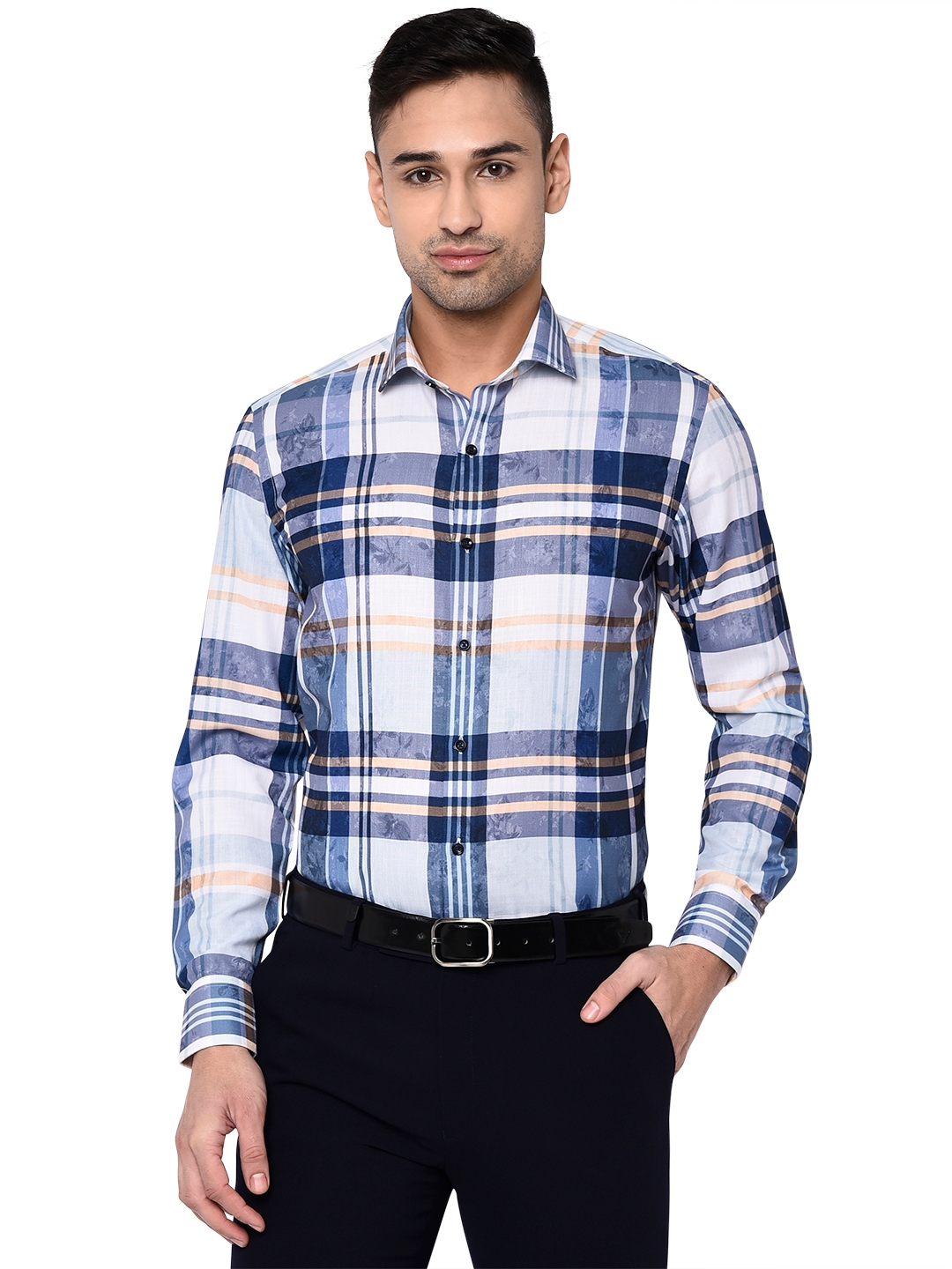 Greenfibre | White & Blue Checked Slim Fit Party Wear Shirt | Greenfibre 0