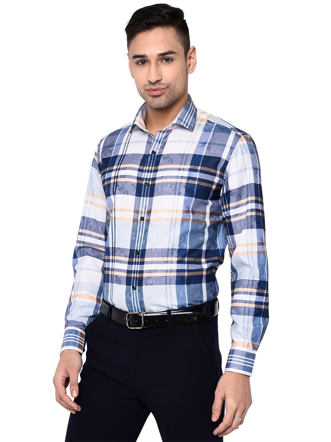 Greenfibre | White & Blue Checked Slim Fit Party Wear Shirt | Greenfibre 1