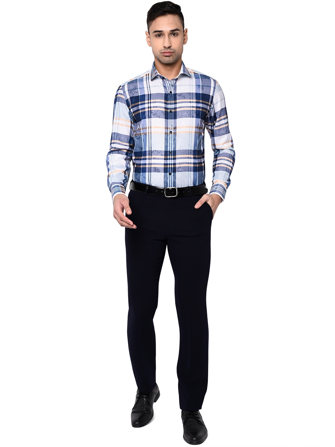 Greenfibre | White & Blue Checked Slim Fit Party Wear Shirt | Greenfibre 3