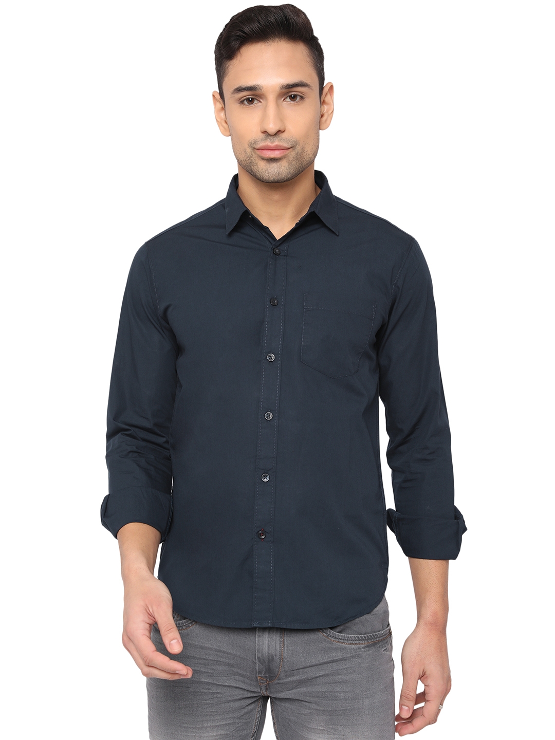 Greenfibre | Dress Blue Solid Slim Fit Semi Casual Shirt | Greenfibre 0