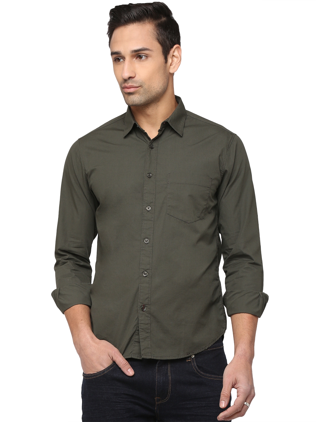 Greenfibre | Dark Grey Solid Slim Fit Semi Casual Shirt | Greenfibre 0
