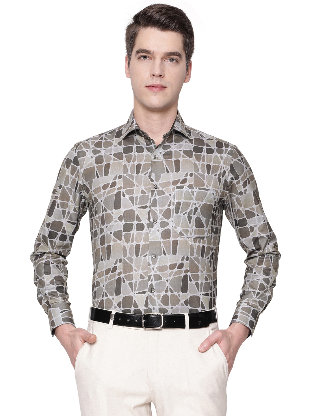 Greenfibre | Grey & Brown Printed Slim Fit Party Wear Shirt | Greenfibre 0