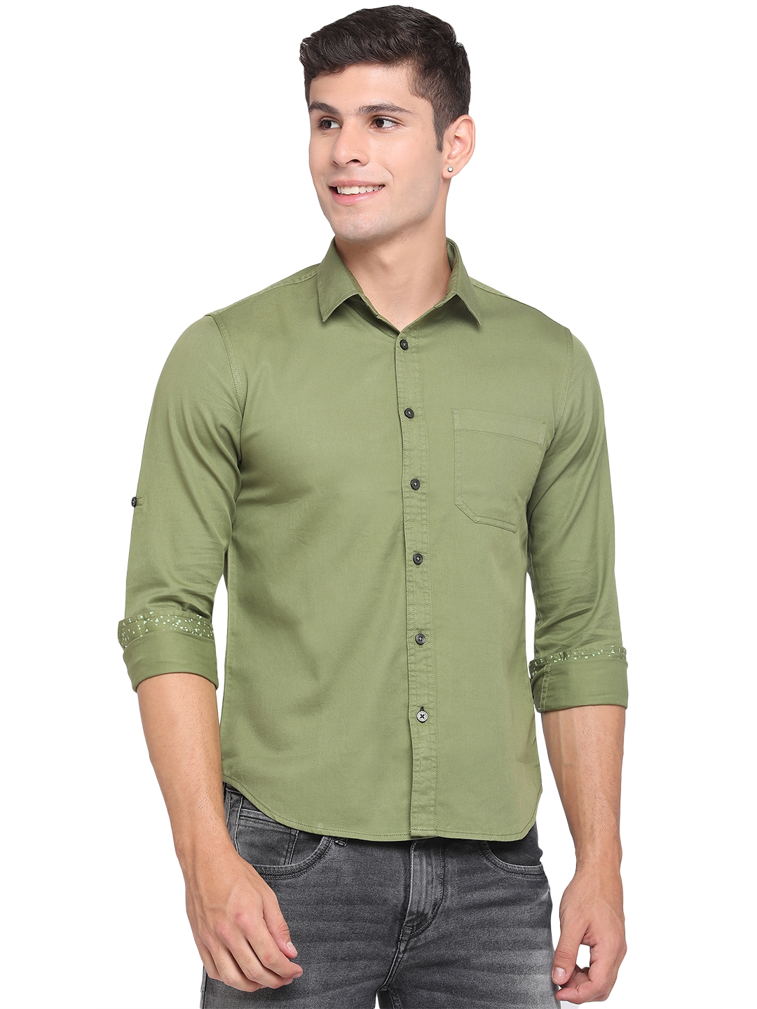 Greenfibre | Dill Green Solid Slim Fit Semi Casual Shirt | Greenfibre 0