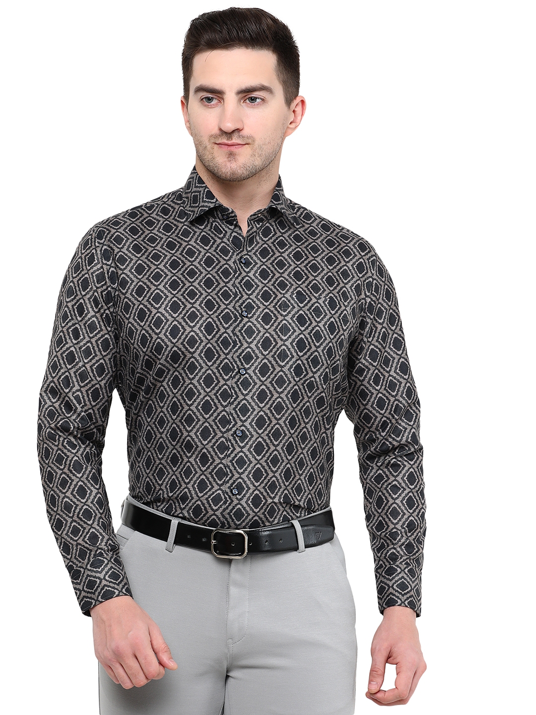 Greenfibre | Black & Grey Printed Slim Fit Party Wear Shirt | Greenfibre 0
