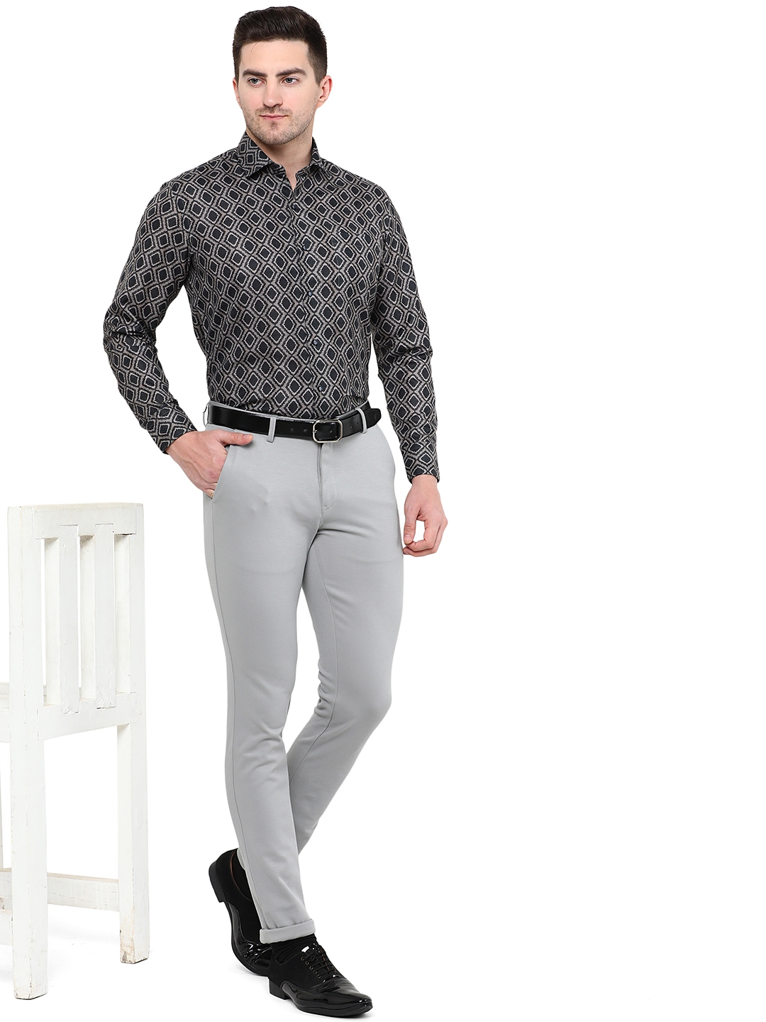 Greenfibre | Black & Grey Printed Slim Fit Party Wear Shirt | Greenfibre 3