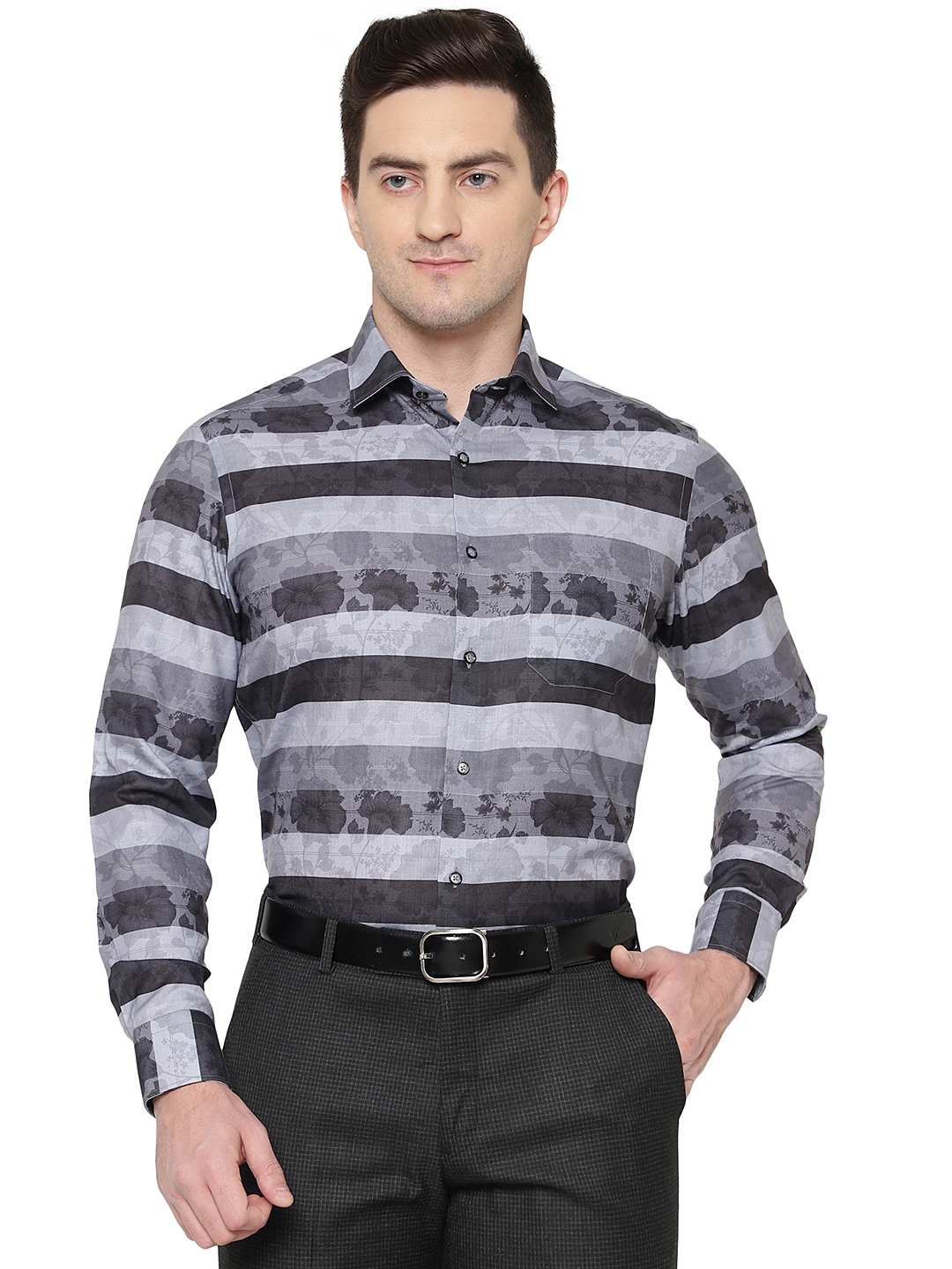Greenfibre | Grey & Black Printed Slim Fit Party Wear Shirt | Greenfibre 0