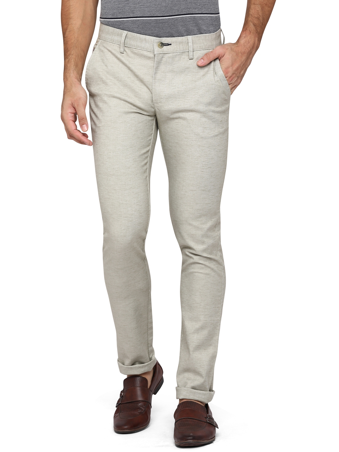 Greenfibre | Light Grey Self Design Super Slim Fit Casual Trouser | Greenfibre 0