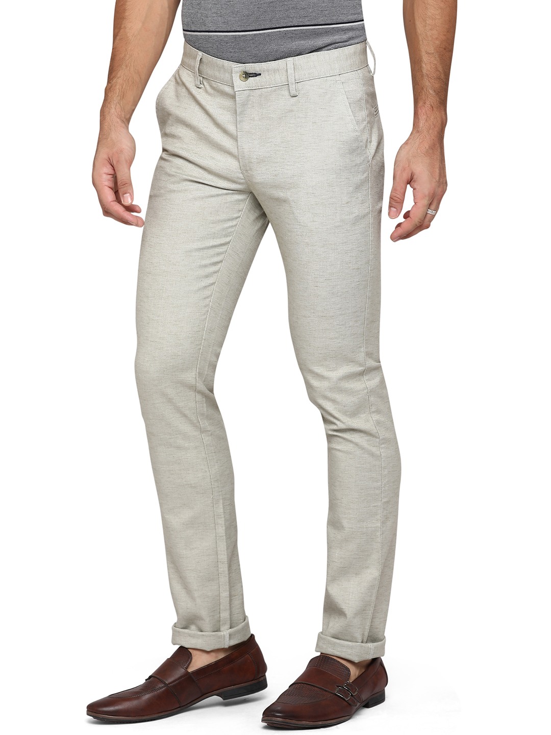 Light Grey Self Design Super Slim Fit Casual Trouser | Greenfibre