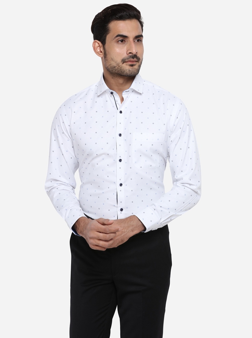 Greenfibre | White & Blue Printed Slim Fit Party wear Shirt | Greenfibre 0