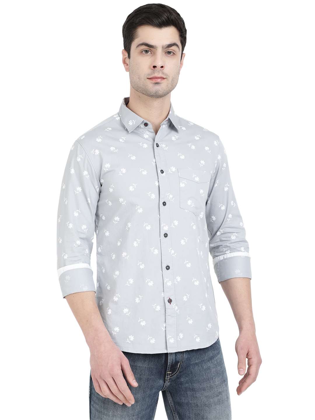 Greenfibre | Light Grey Printed Slim Fit Semi Casual Shirt | Greenfibre 0