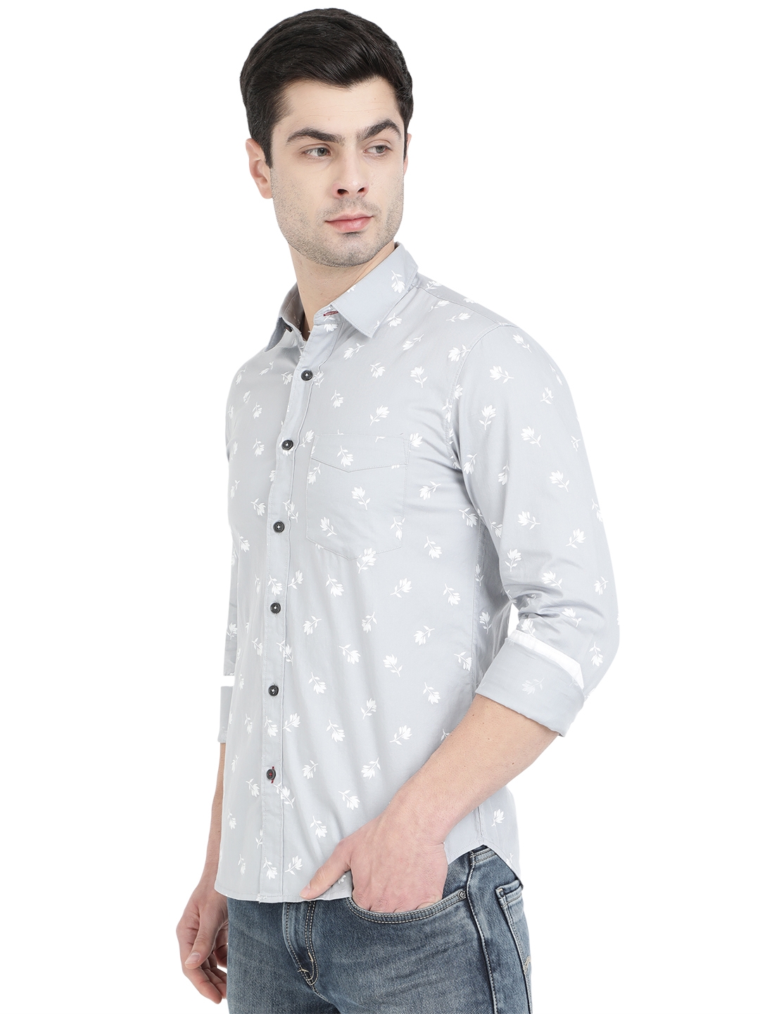 Greenfibre | Light Grey Printed Slim Fit Semi Casual Shirt | Greenfibre 1