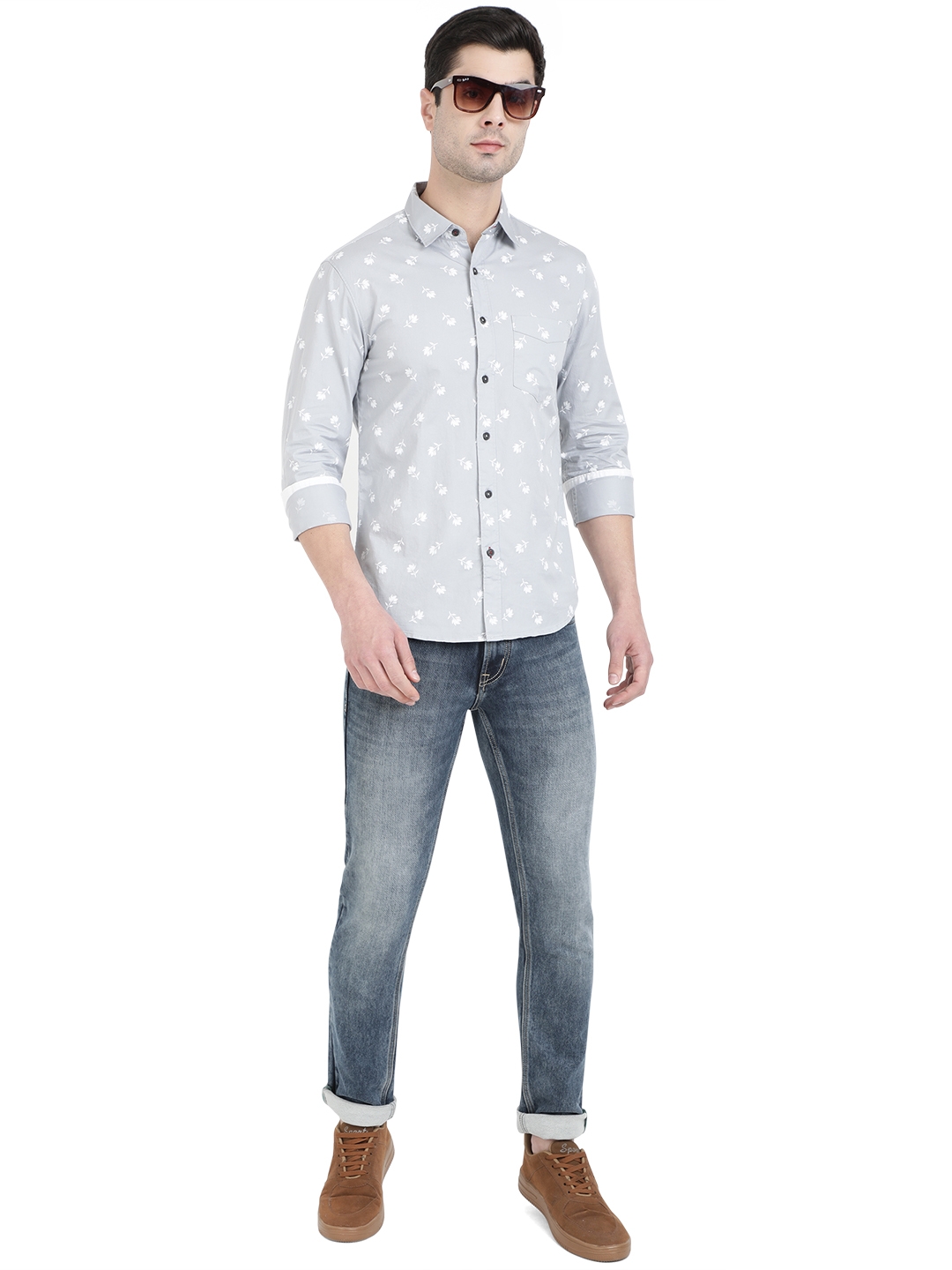 Greenfibre | Light Grey Printed Slim Fit Semi Casual Shirt | Greenfibre 3
