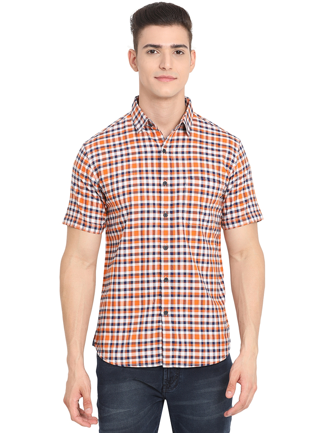 Greenfibre | Orange Checked Slim Fit Semi Casual Shirt | Greenfibre 0