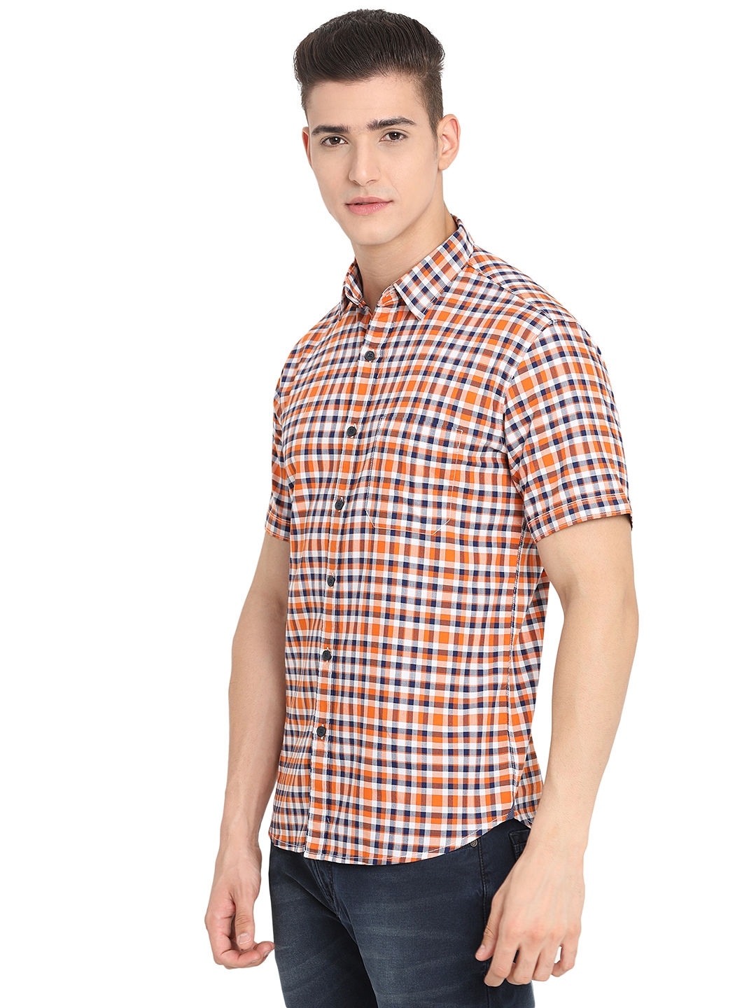 Greenfibre | Orange Checked Slim Fit Semi Casual Shirt | Greenfibre 1