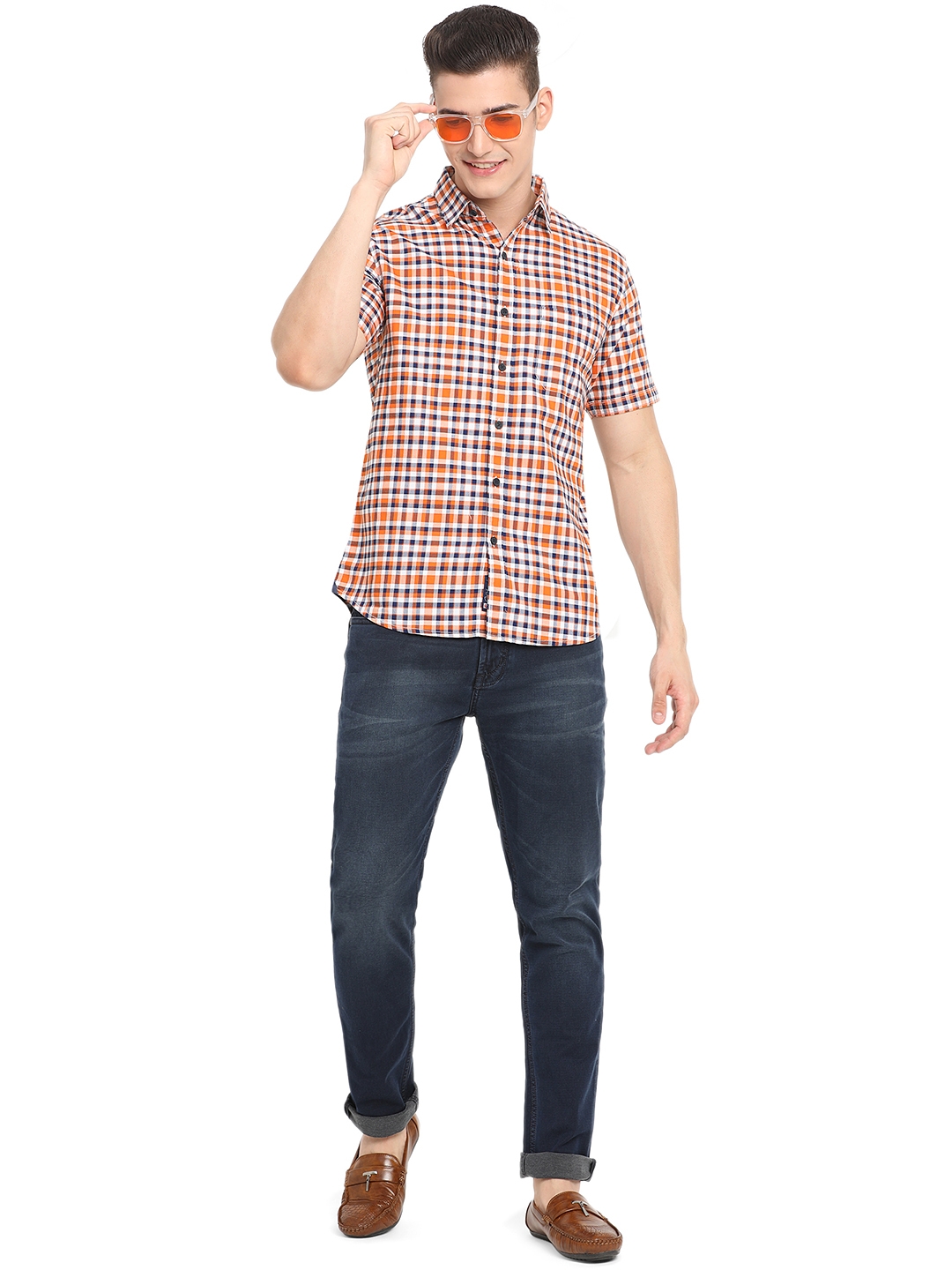Greenfibre | Orange Checked Slim Fit Semi Casual Shirt | Greenfibre 3