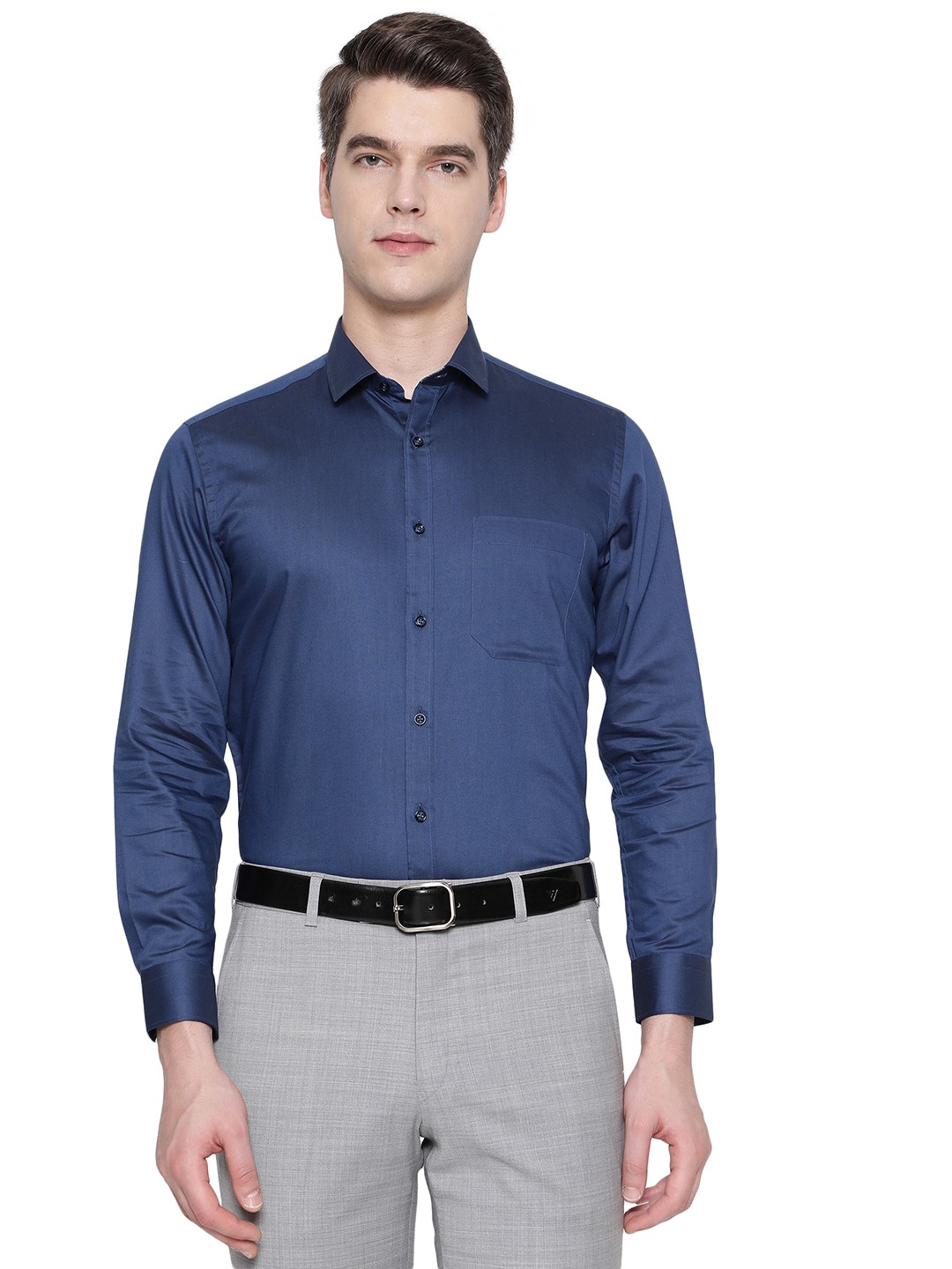 Navy Blue Solid Slim Fit Party Wear Shirt Greenfibre