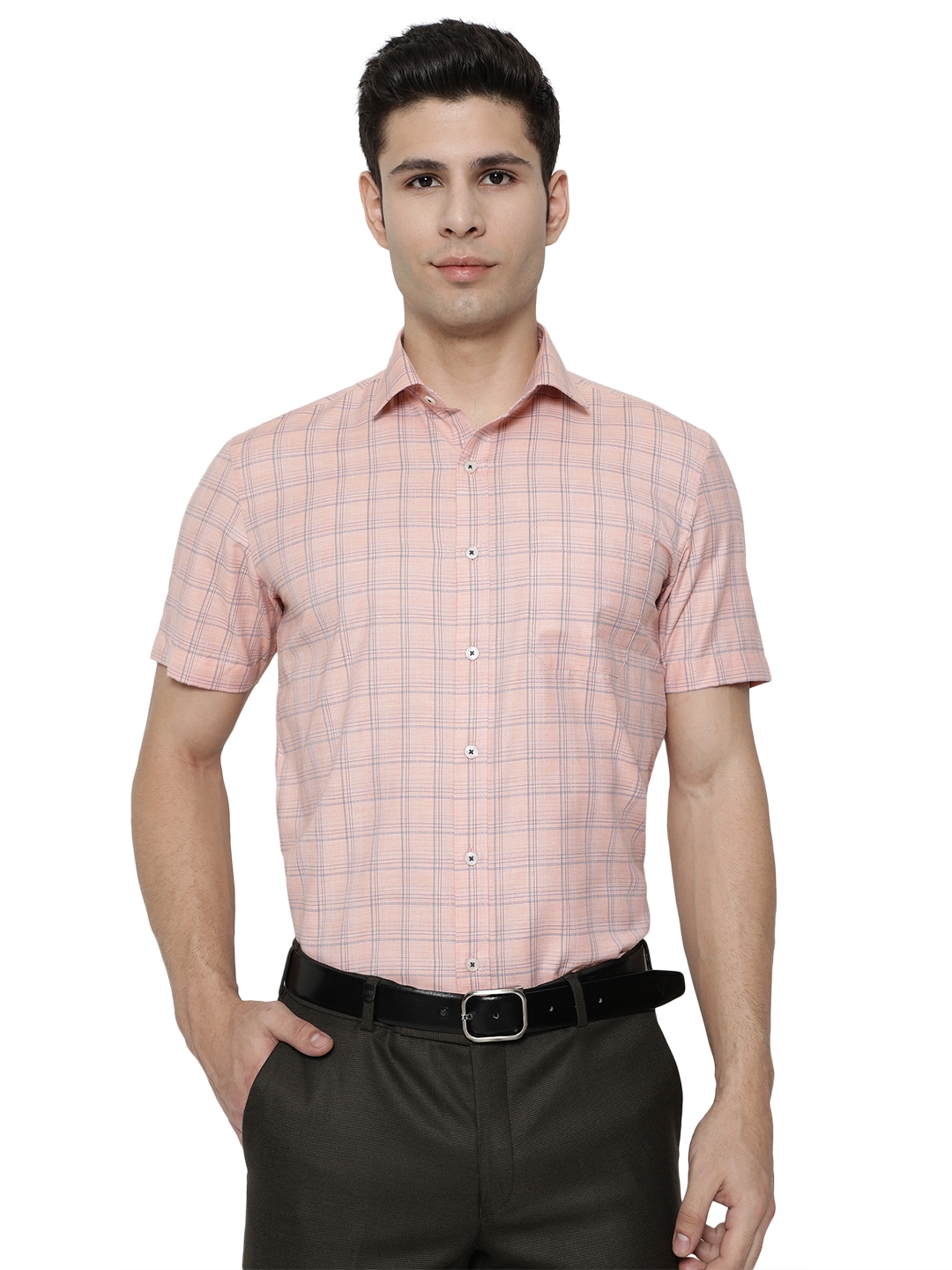 Greenfibre | Light Orange & Blue Checked Regular Fit Formal Shirt | Greenfibre 0