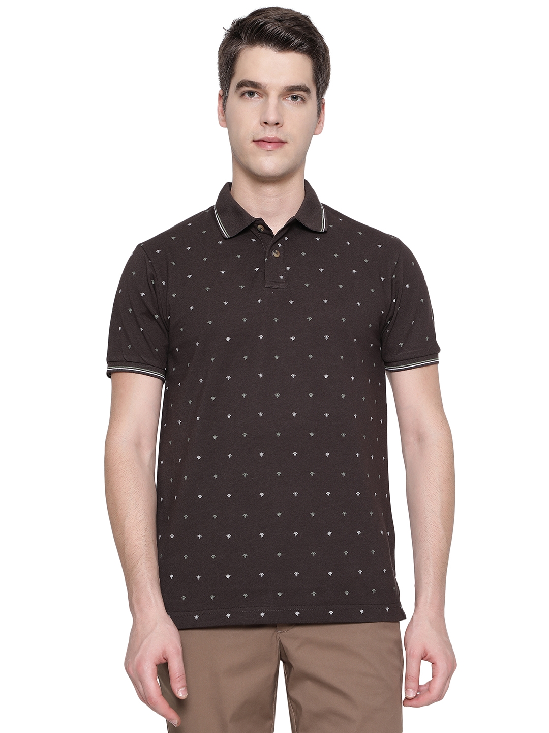 Coffee Brown Printed Slim Fit Polo T-Shirt | Greenfibre