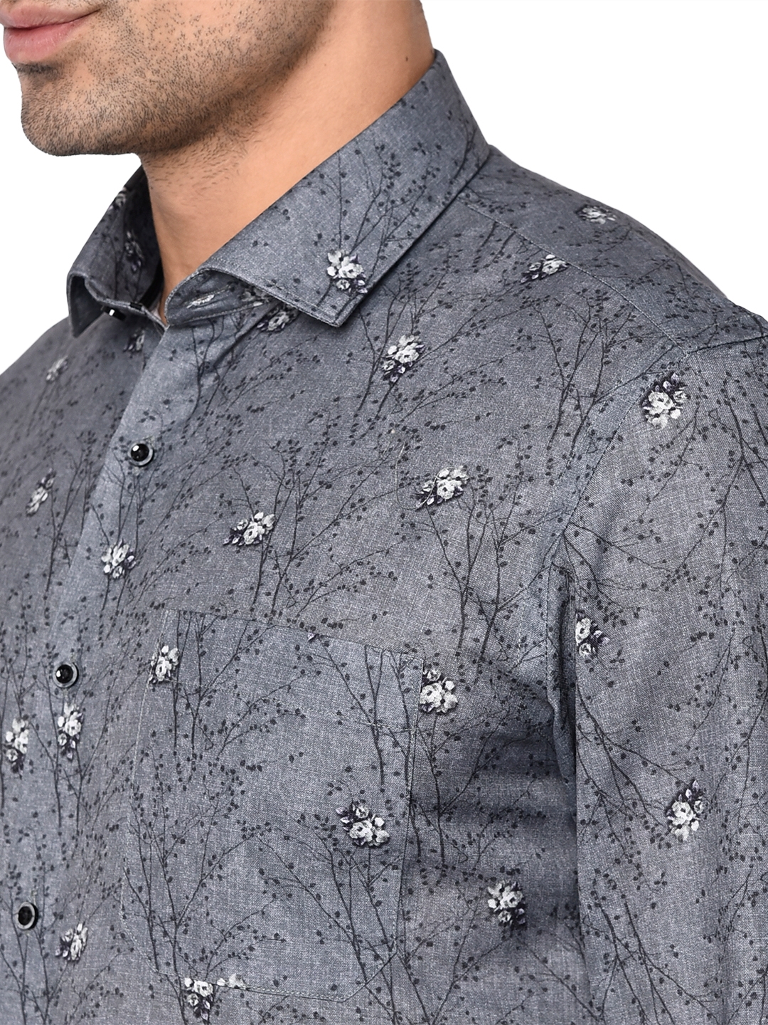 Slate Grey Printed Slim Fit Party Wear Shirt | Greenfibre