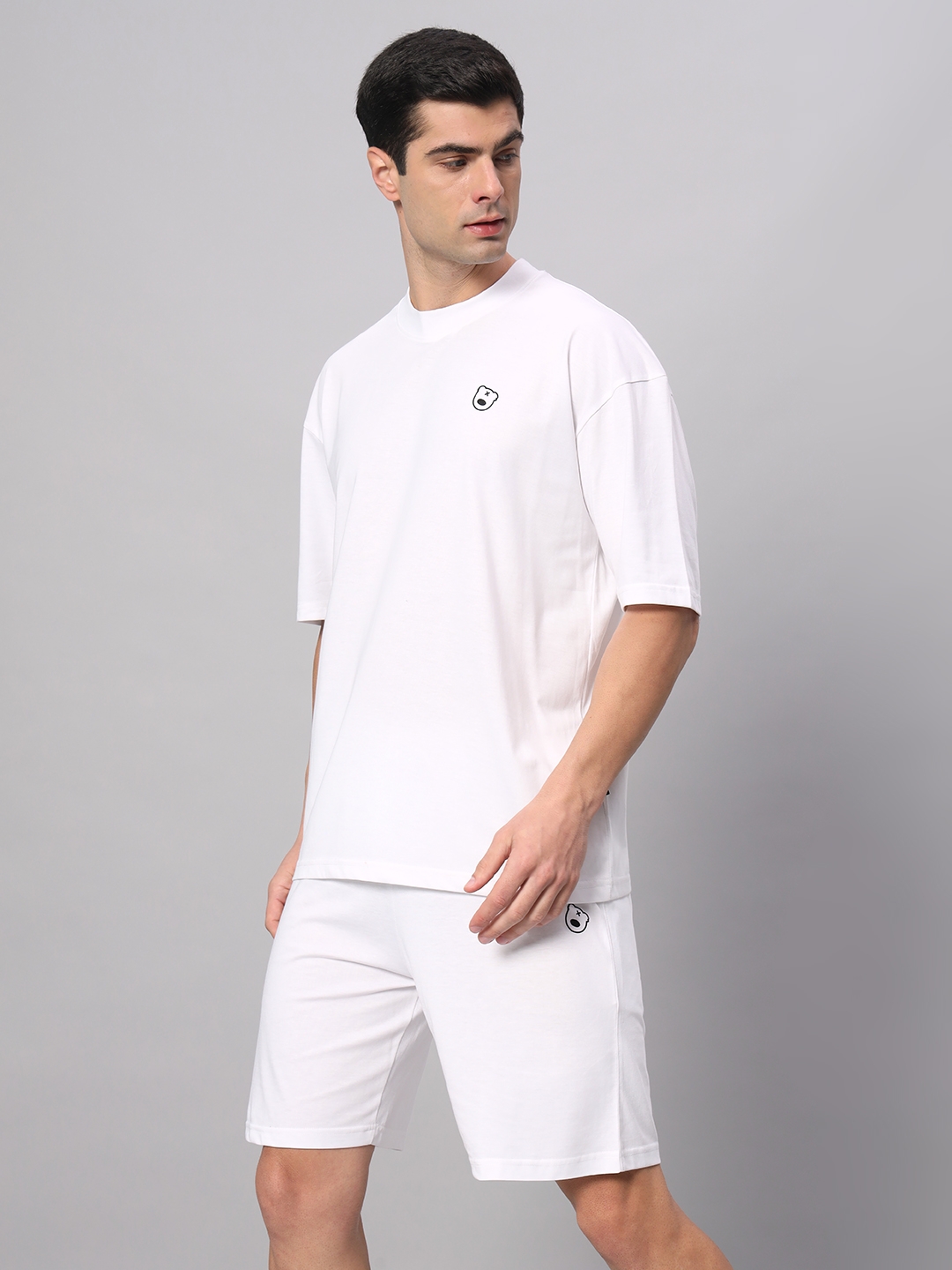 Men's White Cotton Loose Printed   Co-ords