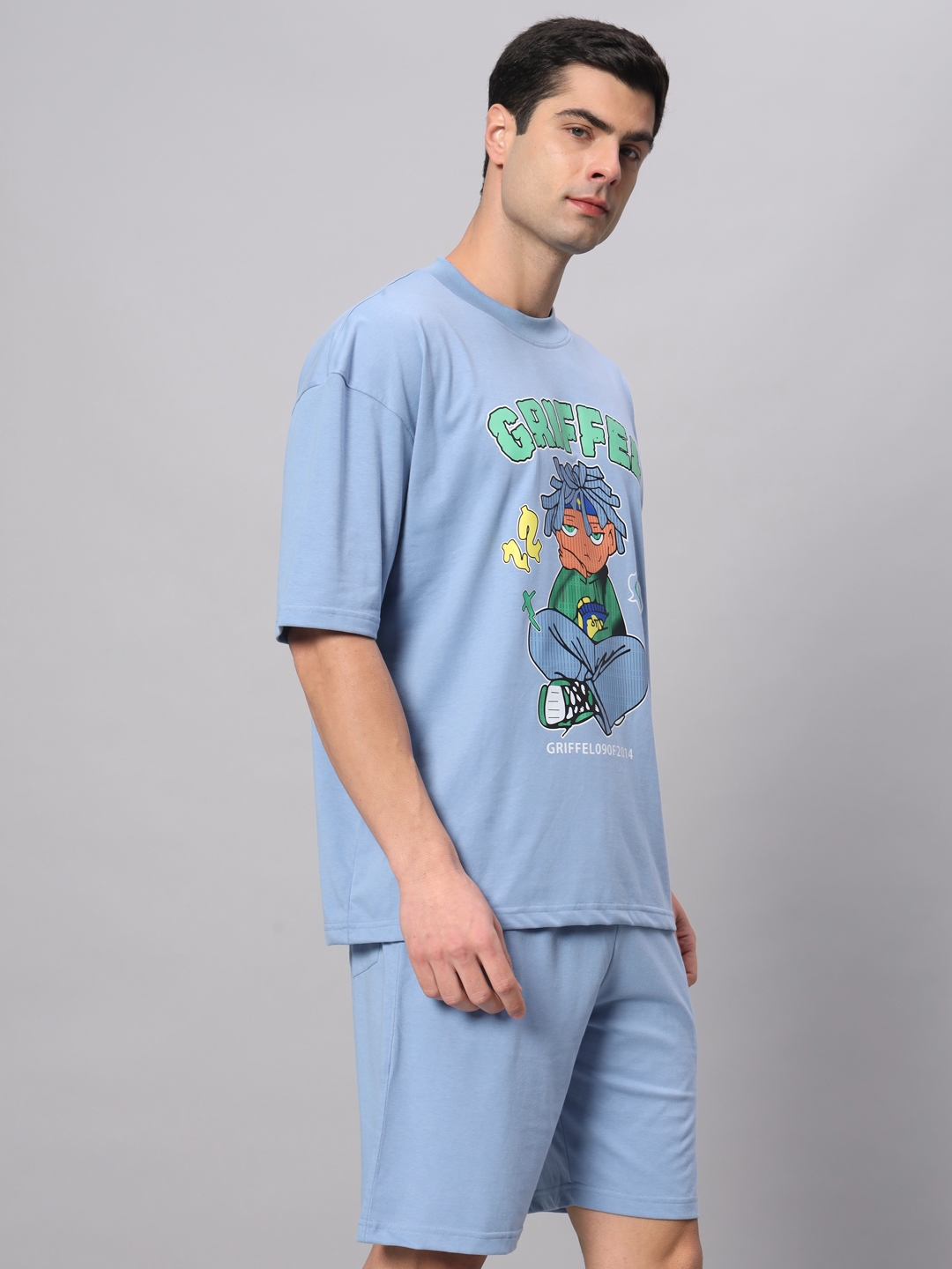 Men's Blue Cotton Loose Printed   Co-ords