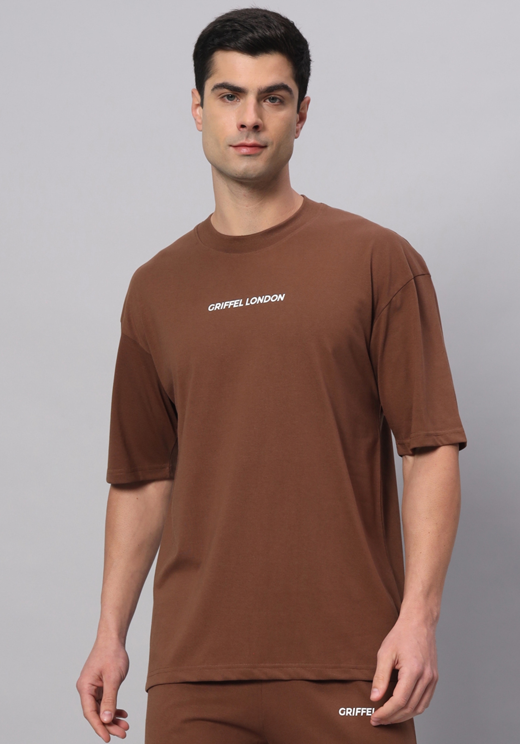 GRIFFEL | Men's Brown Cotton Loose Printed   Activewear T-Shirts
