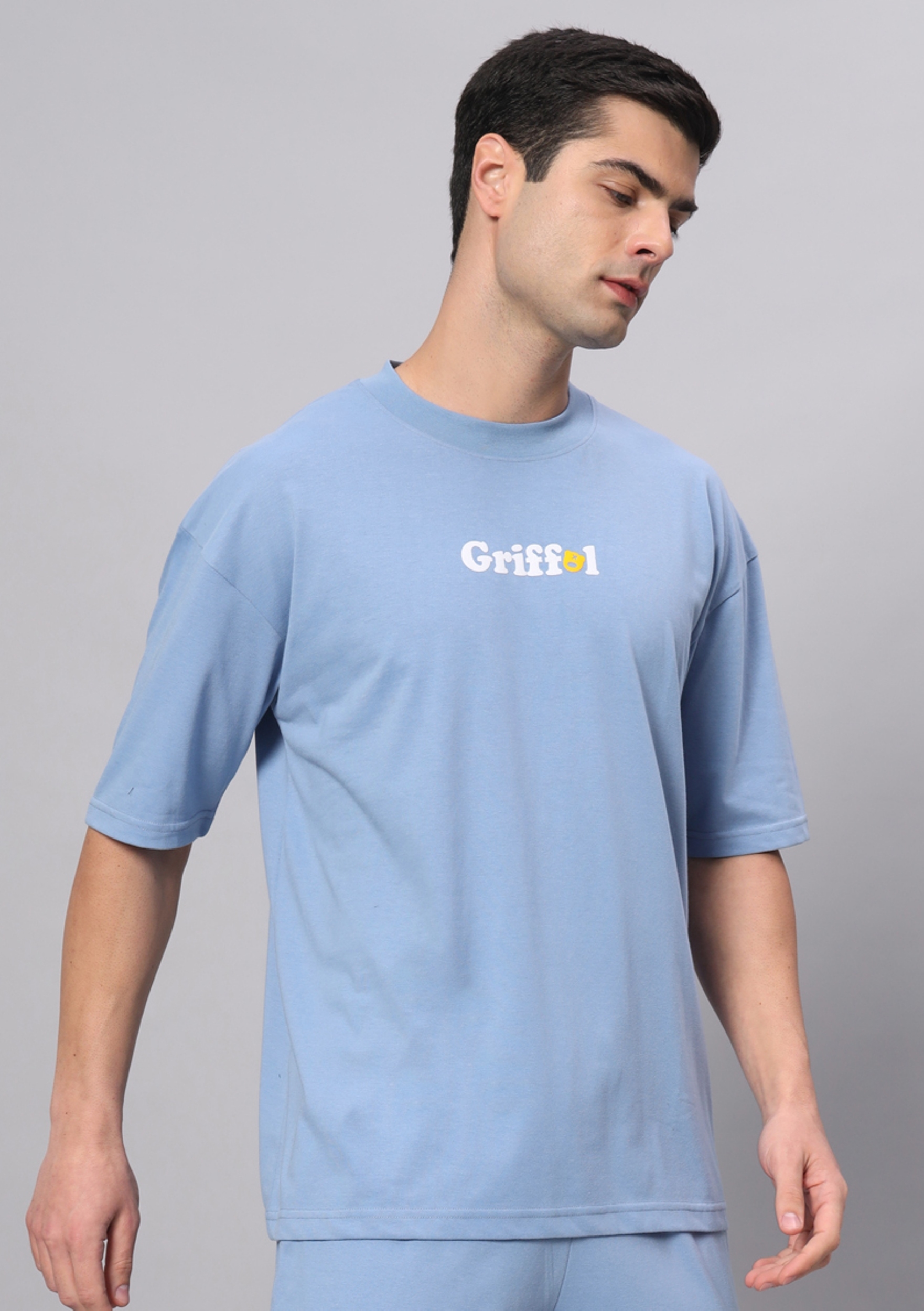 GRIFFEL | Men's Blue Cotton Loose Printed   Activewear T-Shirts