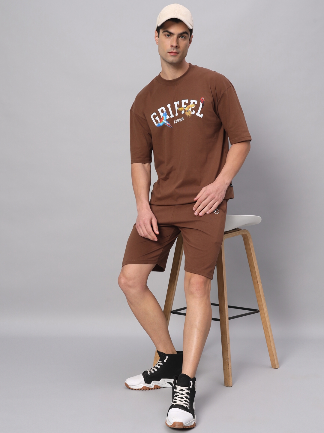 Men's Brown Cotton Loose Printed   Boxy T-Shirt s