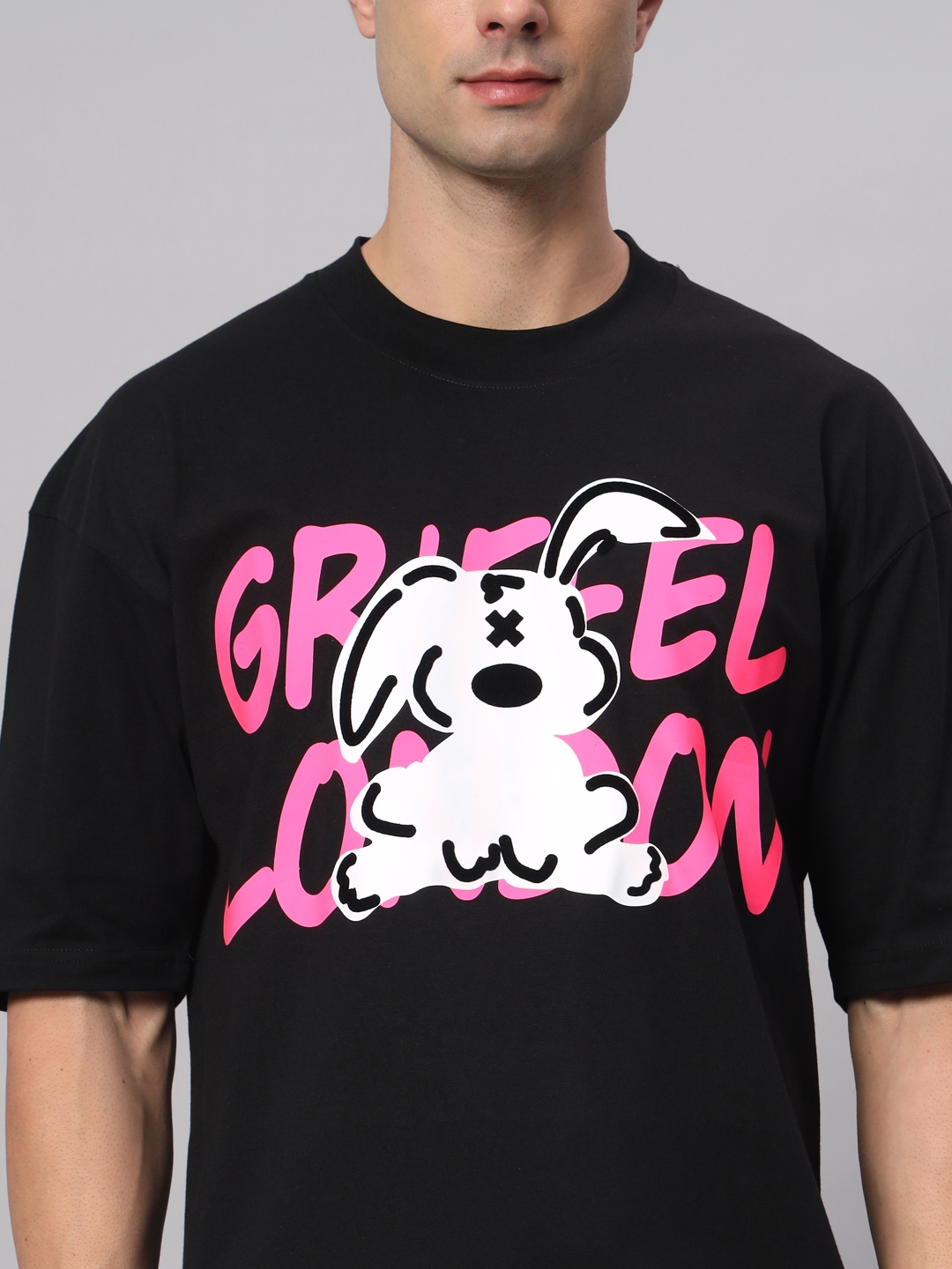 GRIFFEL | Men's Black Cotton Loose Printed   Activewear T-Shirts