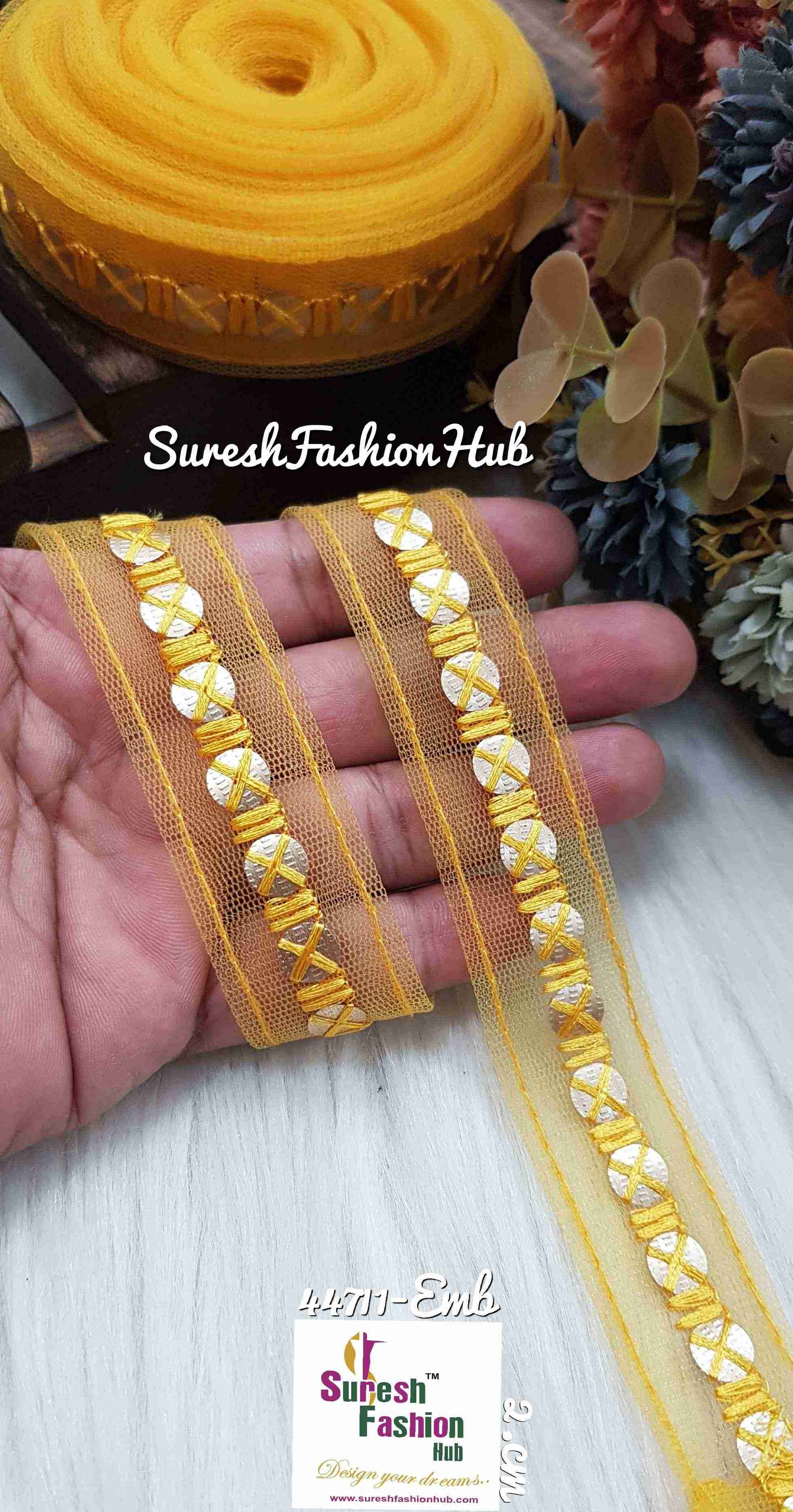 Yellow Net Touch Sequin Thread Lace