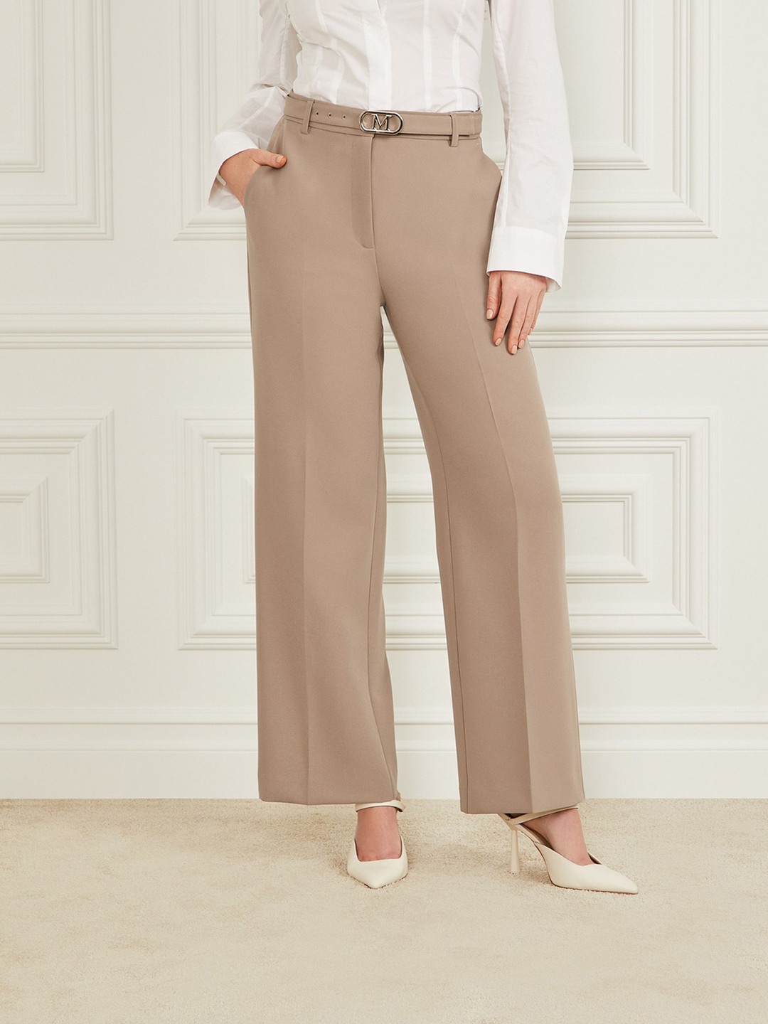 Guess Women Brown Solid Wide Leg High-Rise Flat Front Formal Trousers