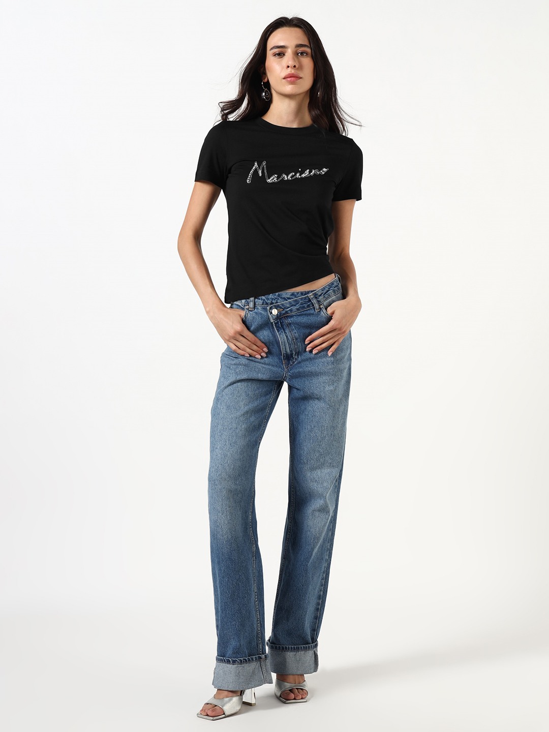 MARCIANO by GUESS Women Embellished Text Round Neck Short Sleeves T-Shirt