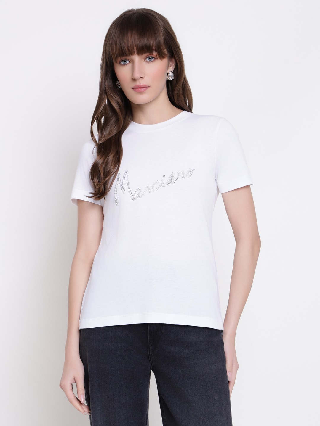 Guess Women Amanda True White Embellished Round Neck Regular Fit T-Shirt