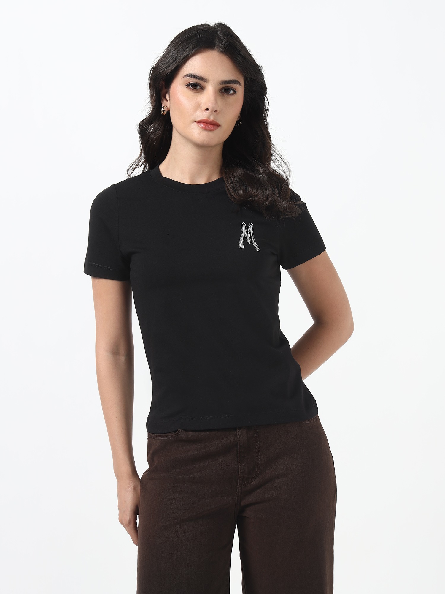 Marciano By Guess Women Black Solid Bonnie Organic Cotton Knit T-Shirt