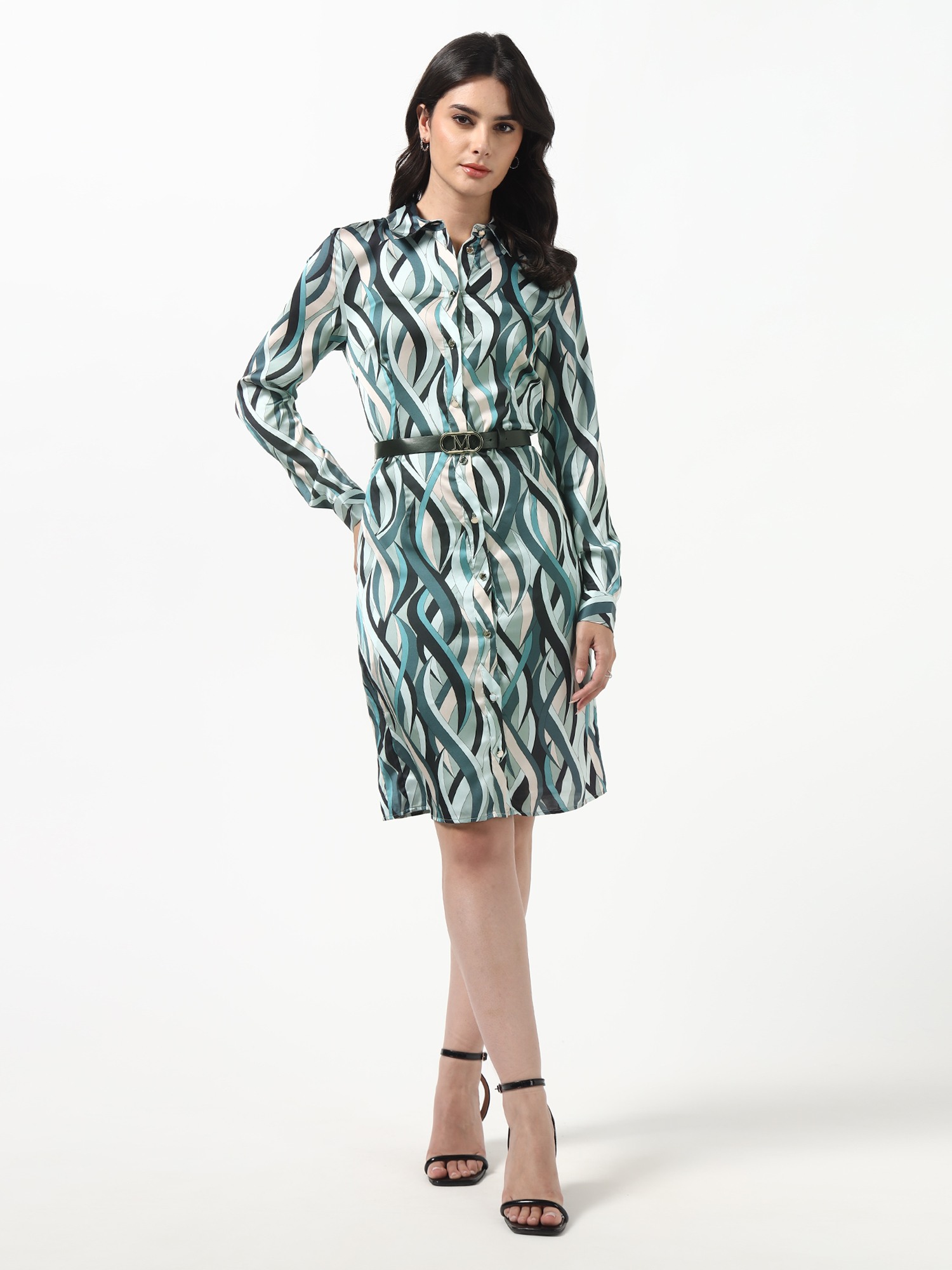 Marciano By Guess Women Multicolor Printed Rose Woven Shirt Dress with Belt