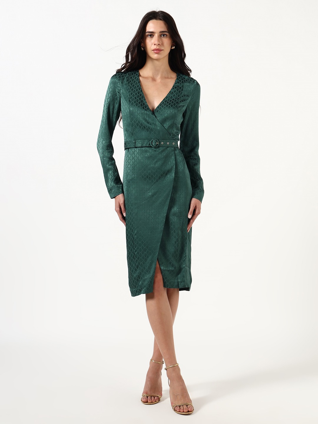MARCIANO by GUESS Women Geometric Jacquard V-Neck Long Sleeves Wrap Dress