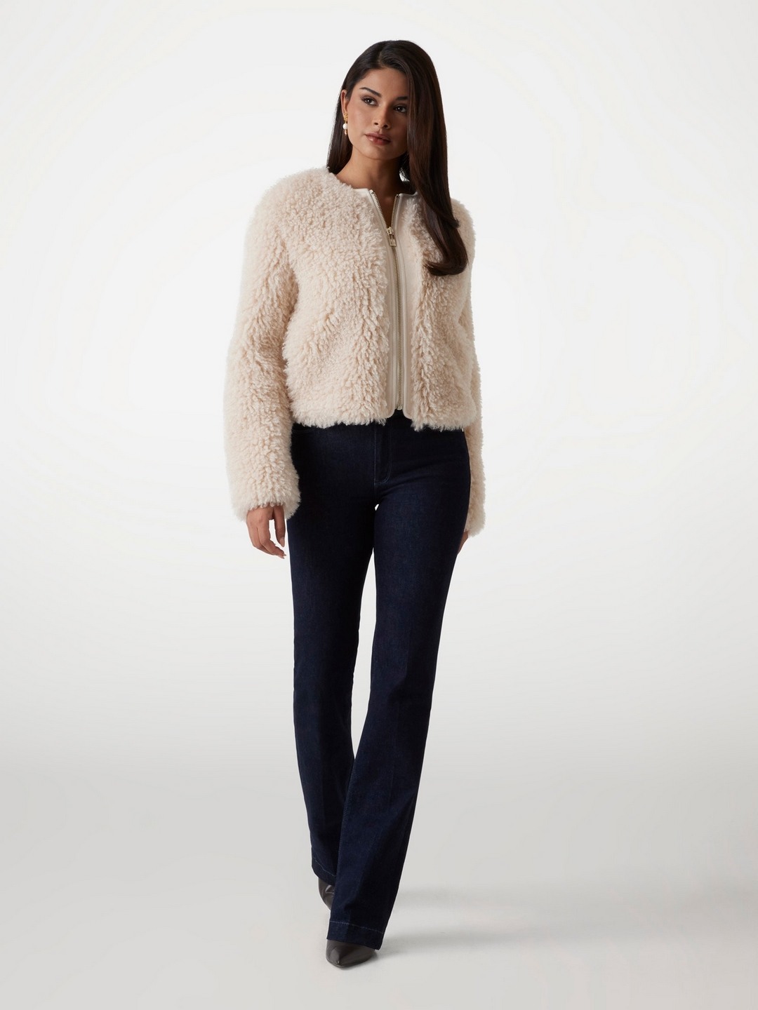 Guess Women Beige Solid Round Neck Long Sleeves Jacket