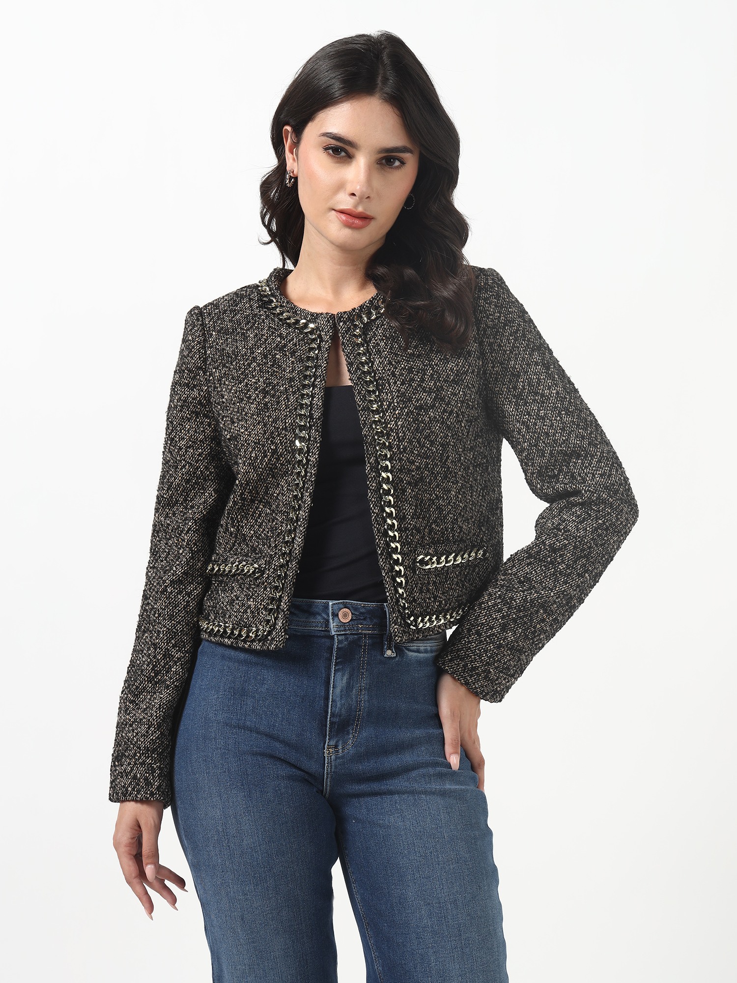 Marciano By Guess Women Black Self Design Tweed Woven Crop Jacket