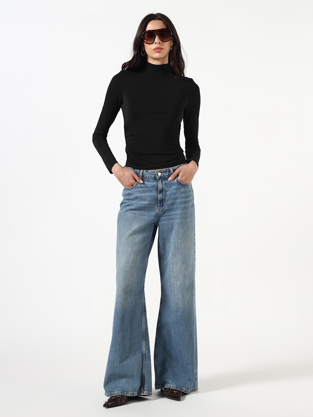 MARCIANO by GUESS Women Ruched High Neck Long Sleeves Top